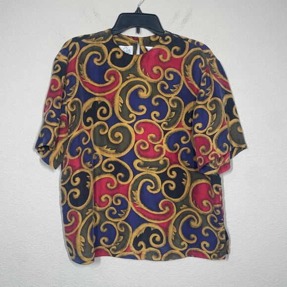 DG Studio Womens Size Large Silk Boxy Top Blouse Vintage Patterned Short Sleeves - Picture 1 of 7